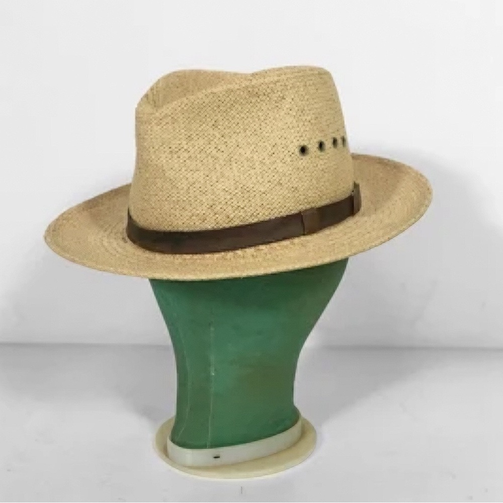 Vintage LL Bean Classic Straw Fedora with Leather/Suede Brown Band - Natural